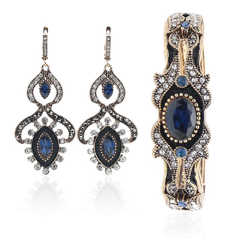 Traditional Antique Gold Finish Royal Blue Crystal Dangle Earrings Cuff Bangle Bracelet Indian Jewelry Set