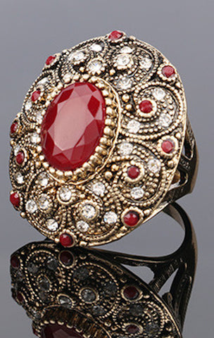 Fashion Indian Jewelry Luxury Red Stone Zircon Crystal Golden Big Wedding Ring For Women - Size 7