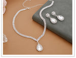 Elegant Silver Water Drop Rhinestone Long Pendant Full Crystal Necklace & Earrings Jewelry Set