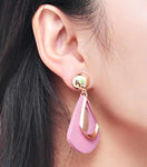 Modern Fashion Wooden Hanging Gold Droplets Pink Trendy Jewelry Earrings - EonShoppee