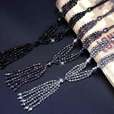 Shiny Purple Crystal Beads Long Tassel Strand Sweater Chain Necklace for Women Fashion Jewelry