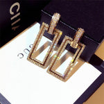 Gold Tone Geometric Rectangle Crystal Long Dangle Statement Fashion Jewelry Earrings - EonShoppee