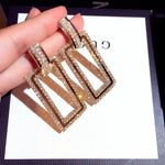 Gold Tone Geometric Rectangle Crystal Long Dangle Statement Fashion Jewelry Earrings - EonShoppee