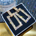 Gold Tone Geometric Rectangle Crystal Long Dangle Statement Fashion Jewelry Earrings - EonShoppee