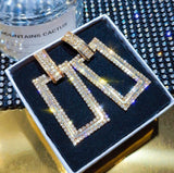 Gold Tone Geometric Rectangle Crystal Long Dangle Statement Fashion Jewelry Earrings - EonShoppee