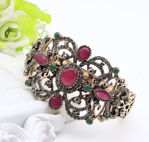Lovely Red Stone Ethnic Style Wide Cuff Openable Bangle Bracelet Cuff Wedding Fashion Jewelry